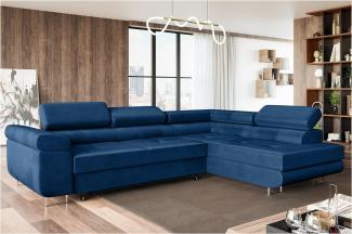 MEBLINI Schlafcouch mit Bettkasten - MALIBA - 277x203x63cm Rechts – Blau Samt - Ecksofa mit Schlaffunktion - Sofa mit Relaxfunktion und Kopfstützen - Couch L-Form - Eckcouch - Wohnlandschaft
