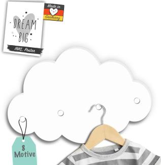 Kindsblick ® Wolkengarderobe in weiß - Garderobe mit 4 Kleiderhaken für Kinder - Wunderschöne Deko für jedes Kinderzimmer - Maße (38 x 25 x 1 cm)