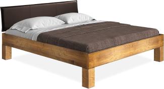 Möbel-Eins CURBY 4-Fuß-Bett mit Polster-Kopfteil, Material Massivholz, rustikale Altholzoptik, Fichte vintage 160 x 220 cm Standardhöhe Kunstleder Braun ohne Steppung