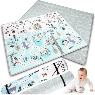 NUKIDO Baby-Schaumstoffmatte Doppelseitig Niedlich Buntes Design zum Spielen Krabbeln Ideal als Geschenk Rollbar Dicke 1,5 cm Größe 180x150cm Blau