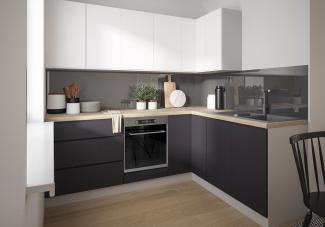L-Form Eckküche Florence Küchenzeile 230x172cm grifflos grau signalweiß signalschwarz matt lackiert