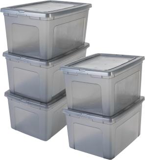 Iris Ohyama, Aufbewahrungsbox aus Kunststoff, 50 l Büro-Aufbewahrungsbox, 5er-Set, BPA-frei, MCB-50, grau, stapelbar, Verschlussclips – B59,5 x T39,5 x H29 cm