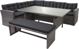 Poly-Rattan-Garnitur HWC-A29, Gartengarnitur Sitzgruppe Lounge-Esstisch-Set Sofa ~ grau, Kissen grau + Bank