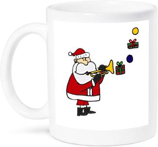 3dRose Weihnachtsmann spielt Trompete mit Presents-Mug Weihnachten, Keramik, Weiß, 10. 16 cm x 7,62 x-Uhr