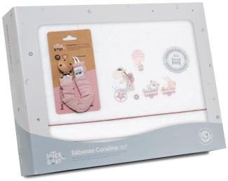Fleece-Plüsch-Bettlaken-Set Kinderbett "Jirafa Bicicleta" weiß rosé & Schnullerketten Musseline mit Clip · 3- Teilig Winter -Bettwäsche-Set für kinderbett · Babys