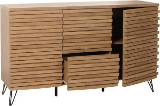 Sideboard HWC-M49, Schrank Kommode Highboard, 3D-Design Staufächer, Massiv-Holz Mango Metall 85x142x44cm ~ natur