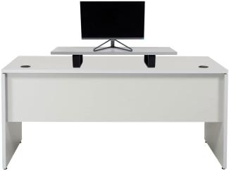 Furni24 Schreibtisch fürs Arbeitszimmer und Home Office - Großer laminierter Computertisch aus Holz, 2 Kabeldurchlässe, Bodengleiter (Grau, inkl. Monitorständer, 160x80x75 cm)