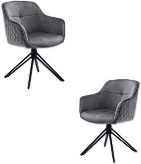 EMMA Esszimmerstühle 2er Set mit schwarzem Metallgestell, Grau - Bequeme Samt Stühle für Esszimmer & Wohnzimmer - 59 x 82 x 62 cm (B/H/T)