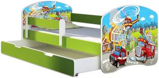 ACMA Kinderbett Jugendbett mit Einer Schublade und Matratze Grün mit Rausfallschutz Lattenrost II 140x70 160x80 180x80 (36 Feuerwehr, 180x80 + Bettkasten)