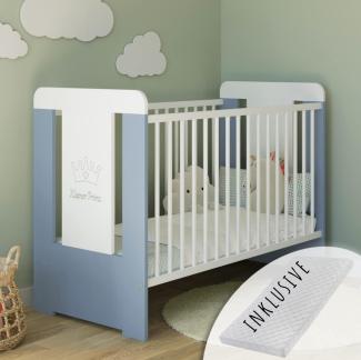 Babybett Gitterbett mit Matratze & Kleiner Prinz Gravur 60x120 höhenverstellbar | herausnehmbare Sprossen weiss Junge Made in Europe