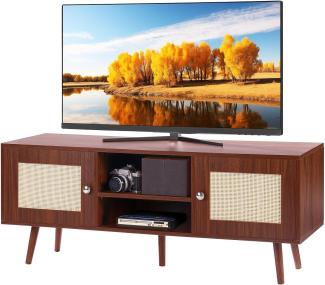 VEVOR Rattan-TV-Ständer, Fernsehschrank Boho-TV-Schrank für 140 cm Fernseher, Retro-TV-Ständer, Rattan-TV-Konsole mit verstellbaren Regalen & 2 Türen, für Wohnzimmer, Medienraum, Walnuss