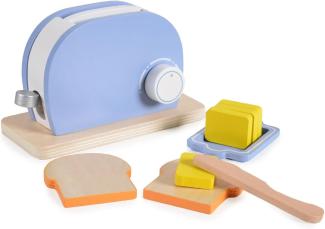 Moni Spielzeug Toaster 4341 Set Holz, Drehknopf, Butter, Messer, Toastscheiben hellblau