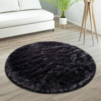 Paco Home Hochflor Teppich Wohnzimmer rutschfest Fellteppich Shaggy Flauschig Weich Modern Kunstfell Fell Imitat Einfarbig, Grösse:200 cm Rund, Farbe:Schwarz