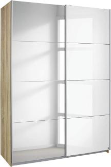 Rauch Möbel Subito Schrank Kleiderschrank Schwebetürenschrank in Eiche Sonoma / Glas Weiß mit Spiegel 2-türig inkl. Zubehörpaket Basic 2 Kleiderstangen, 2 Einlegeböden BxHxT 136x197x61 cm