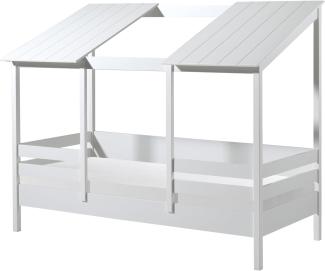 Hausbett Set inkl. Rolllattenrost und Matratze, Liegefläche 90 x 200 cm und geteiltem Dach, Ausf. weiß teilmassiv