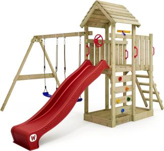 WICKEY Spielturm Klettergerüst MultiFlyer Holzdach mit Schaukel & roter Rutsche, Kletterturm mit Holzdach, Sandkasten, Leiter & Spiel-Zubehör