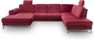 CAVADORE Wohnlandschaft Benda / Große Sofagarnitur mit XL-Longchair links & Federkern / Inkl. Sitztiefenverstellung & Kopfstützen / 332 x 87 x 226 / Samt: Rot