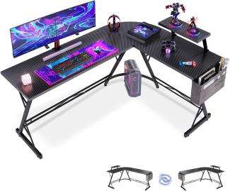 ODK Gaming Tisch, Computertisch, Gaming Schreibtisch mit runder Ecke, Gaming-Tisch mit Monitorablage (Kohlefaser Schwarz, 167 x 120 cm)