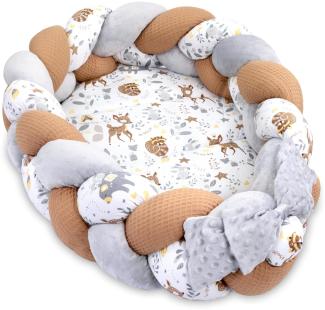 Babynest Neugeborene Nestchen Baby – Minky Kuschelnest mit Zopf Kissen zerlegbares Set zweiseitig Babynestchen Babybett 75X45, Hirsch