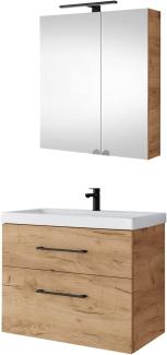 Planetmöbel Waschtischunterschrank 64cm mit Spiegelschrank Badmöbel Set für Badezimmer Gäste WC Gold Eiche