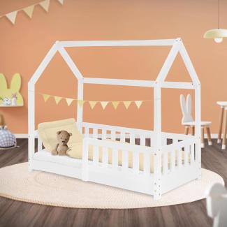 Kinderbett mit Rausfallschutz Lattenrost und Dach 70x140 cm Weiß aus Kiefernholz ML-Design