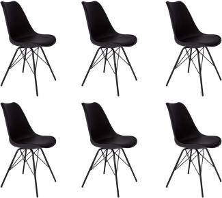 SAM 6er Set Schalenstuhl Lerche, Kunststoffschale schwarz, integriertes Kunstleder-Sitzkissen, Schwarze Metallfüße, Esszimmerstuhl im skandinavischen Stil, Pflegeleichte Stühle
