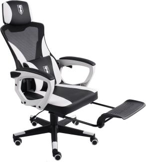 Gaming Stuhl im modernen Racing-Design mit einklappbarer Fußstütze - Gaming Chair mit flexiblen Armlehnen - ergonomischer Gaming Schreibtischstuhl mit extra Stützkissen Schwarz/Weiß