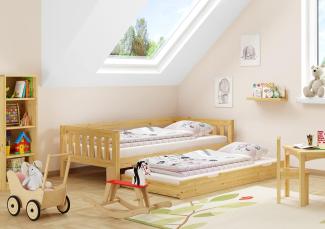 Gemütliches Kinderbett mit dreiseitiger Sicherung 90x200 cm Kiefer V-60. 29-09Rollrost. Matratze und Gästebettkasten inkl.