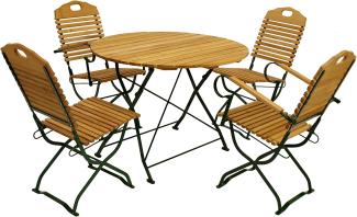 Kurgarten - Garnitur BAD TÖLZ 5-teilig (2x Stuhl, 2x Armlehnensessel, 1x Tisch 100cm rund), Flachstahl grün + Robinie, klappbar