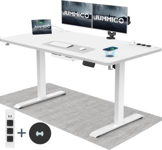 JUMMICO Höhenverstellbarer Schreibtisch mit Kabelloser Ladestation und Euro-Steckdose mit USB, 140x70cm Schreibtisch Höhenverstellbar Elektrisch Stehtisch mit Rollen, Weiß