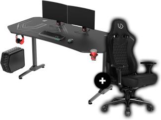 ULTRADESK Frag XXL 160x75 cm + Throne Gaming Stuhl, Gamer Tisch mit großer Arbeitsfläche & XXL-Pad, 2 Kabeldurchlässe, Fach für Steckdosenleisten, Stahlgestell, Schwarz