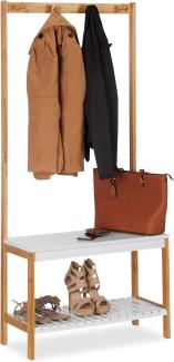 Relaxdays Garderobenständer mit Schuhregal, 4 Kleiderhaken, mit Ablage, Bambus & MDF, HBT 150 x 70,5 x 30 cm, natur-weiß
