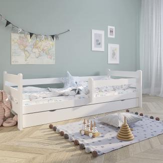Kinderbett Jugendbett 90x200 cm mit Rausfallschutz | Voll-Holz inkl. Lattenrost & Schublade in weiß Kiefer | Mädchen Jungen Bett skandinavisch