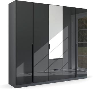 Kleiderschrank Drehtürenschrank Modern | 5-türig | mit Spiegeltüren & Schubkästen | grau metallic / Glas basalt | 226x210