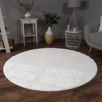 Paco Home Hochflor Teppich Wohnzimmer Flauschig Fellteppich Kunstfell Plüsch Shaggy Weich Fellimitat, Grösse:120 cm Rund, Farbe:Weiß