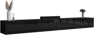 Planetmöbel TV Board 280 cm Schwarz, TV Schrank mit 4 Klappen als Stauraum, Lowboard hängend oder stehend, Sideboard Wohnzimmer