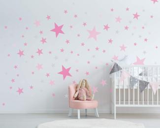 50 Sterne Wandtattoo fürs Kinderzimmer - Wandsticker Set - Pastell Farben, Baby Sternenhimmel zum Kleben Wandaufkleber Sticker Wanddeko - Kleinkinder, Erstausstattung auf Rauhfaser, Pink