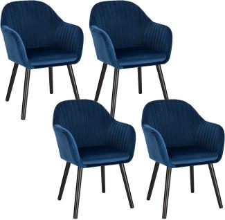 WOLTU 4er Set Esszimmerstühle Küchenstuhl Wohnzimmerstuhl Polsterstuhl Design Stuhl mit Armlehne Samt Massivholz Schwarze Beine Blau BH259bl-4