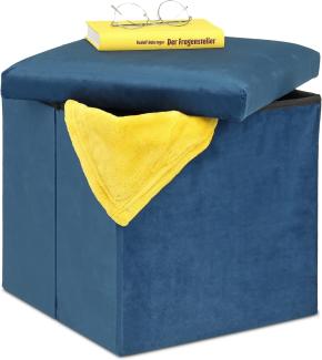 Relaxdays Sitzhocker, Sitzwürfel mit Stauraum, HBT: 38 x 38 x 38 cm, faltbar, Aufbewahrungshocker aus MDF & Samt, blau