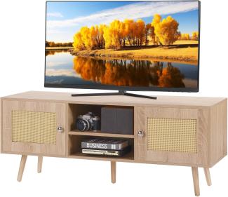 VEVOR Rattan-TV-Ständer, Fernsehschrank Boho-TV-Schrank für 140 cm Fernseher, Retro-TV-Ständer, Rattan-TV-Konsole mit verstellbaren Regalen & 2 Türen, für Wohnzimmer, Medienraum, Eiche