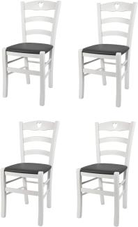 Tommychairs - 4er Set Stühle Cuore für Küche und Esszimmer, Robuste Struktur aus Buchenholz, deckend Weiss lackiert und gepolsterte Sitzfläche mit Kunstleder in der Farbe Dunkelgrau bezogen