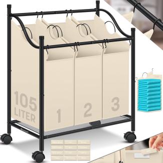 KESSER® Wäschekorb Wäschesammler Wäschesortierer mit abnehmbaren Stofftaschen | Wäschebox mit 12 Waschhinweisen 360° Rollen mit Bremse Wäsche-Sortiersystem Wäschewagen Beige, 3 Fächer