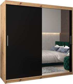 Kryspol Schwebetürenschrank Tokyo 2-200 cm mit Spiegel Kleiderschrank mit Kleiderstange und Einlegeboden Schlafzimmer- Wohnzimmerschrank Schiebetüren Modern Design (Artisan Eiche + Schwarz)