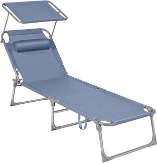 Sonnenliege, klappbarer Liegestuhl, 193 x 53 x 29 cm, max. Belastbarkeit 150 kg, mit Sonnenschutz, Kopfstütze und verstellbarer Rückenlehne, für Garten, Pool, Terrasse, blau GCB192Q01