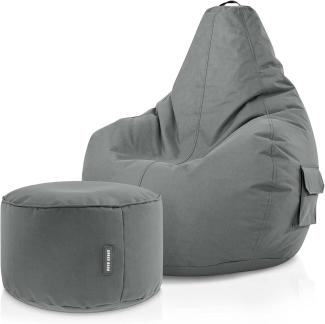 Green Bean© Sitzsack mit Rückenlehne + Hocker "Cozy+Stay" 80x70x90cm - Gaming Chair mit 230L Füllung - Bean Bag Lounge Chair Sitzhocker Grau