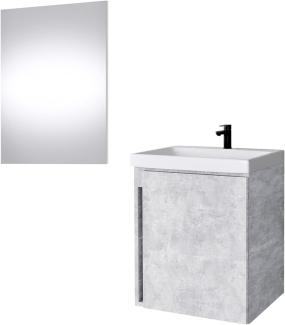 Planetmöbel Waschtischunterschrank in Beton 50cm mit Waschbecken & Spiegel, Badmöbel Set für Badezimmer Gäste WC