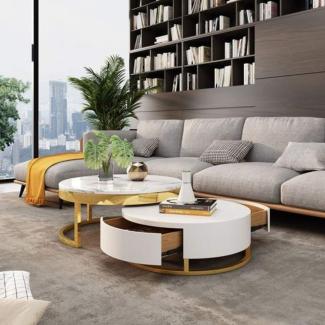 Casa Padrino Luxus Couchtisch Set Weiß / Gold - 2 runde Wohnzimmertische - Wohnzimmer Möbel - Luxus Qualität