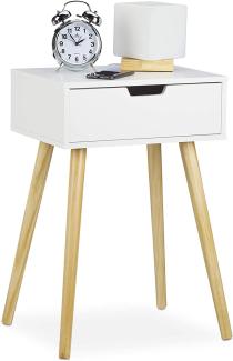 Relaxdays Nachttisch, modernes & skandinavisches Design, 1 Schublade, für Boxspringbett, HBT 60x40x30cm, weiß/Natur, MDF, 60 x 40 x 30 cm