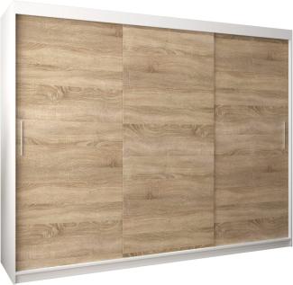 Schwebetürenschrank Tokyo 250 cm Kleiderschrank mit Kleiderstange und Einlegeboden Schlafzimmer- Wohnzimmerschrank Schiebetüren Modern Design (Weiß + Sonoma)