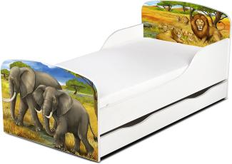 Leomark Kinderbett 70x140 cm, Afrika, mit Matratze, Schublade und Lattenrost